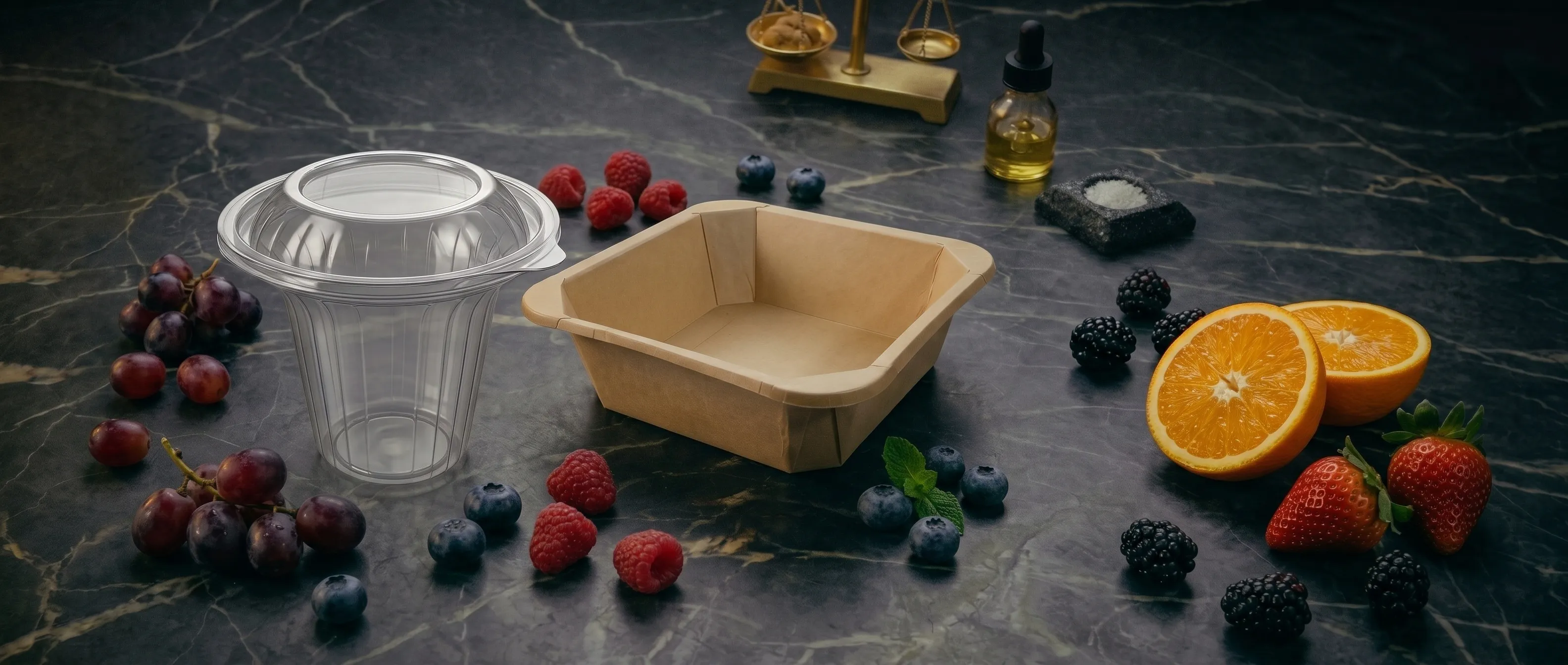 Fruit cup and kraft salad box with fresh fruit — PoniPack fruit and salad packaging collection