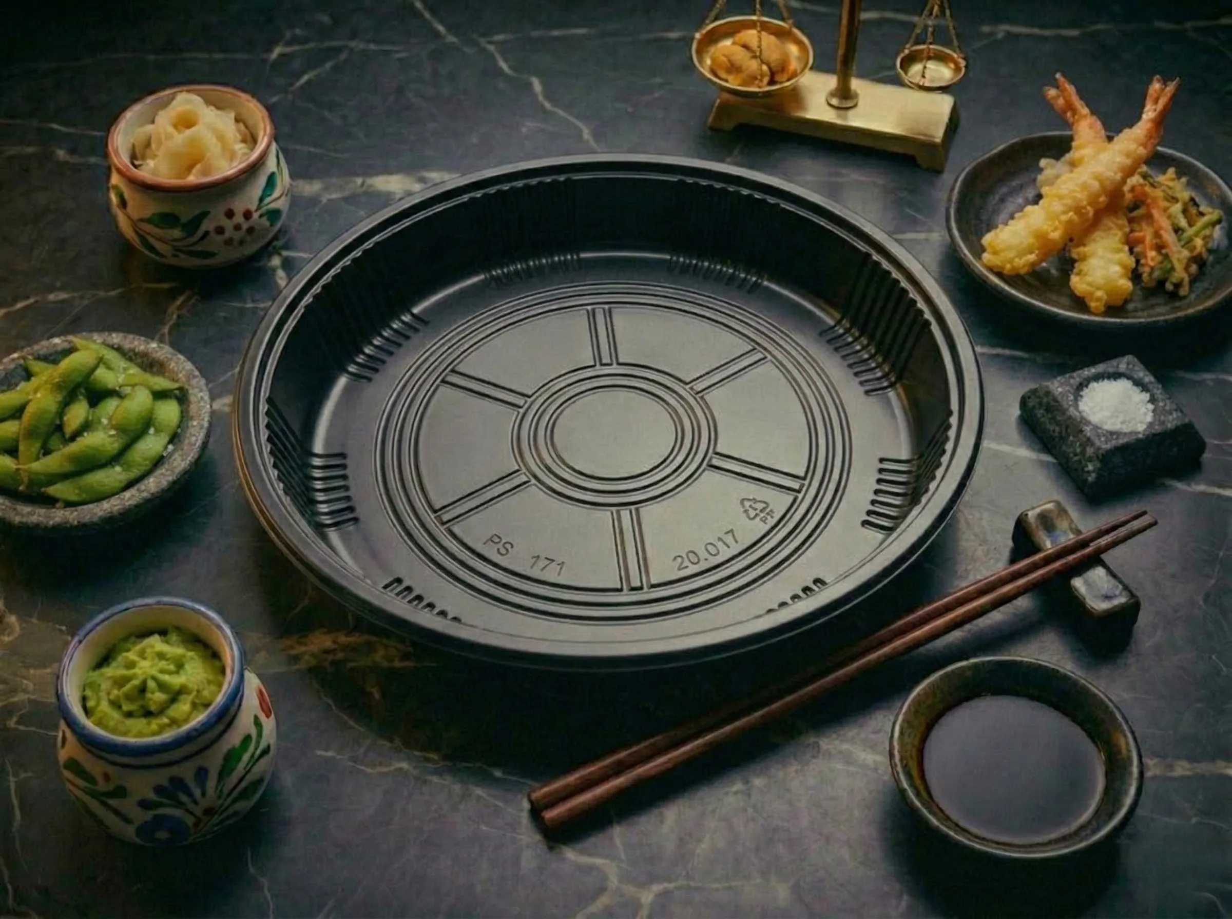 Round party sushi tray on dark marble — PoniPack party packaging collection