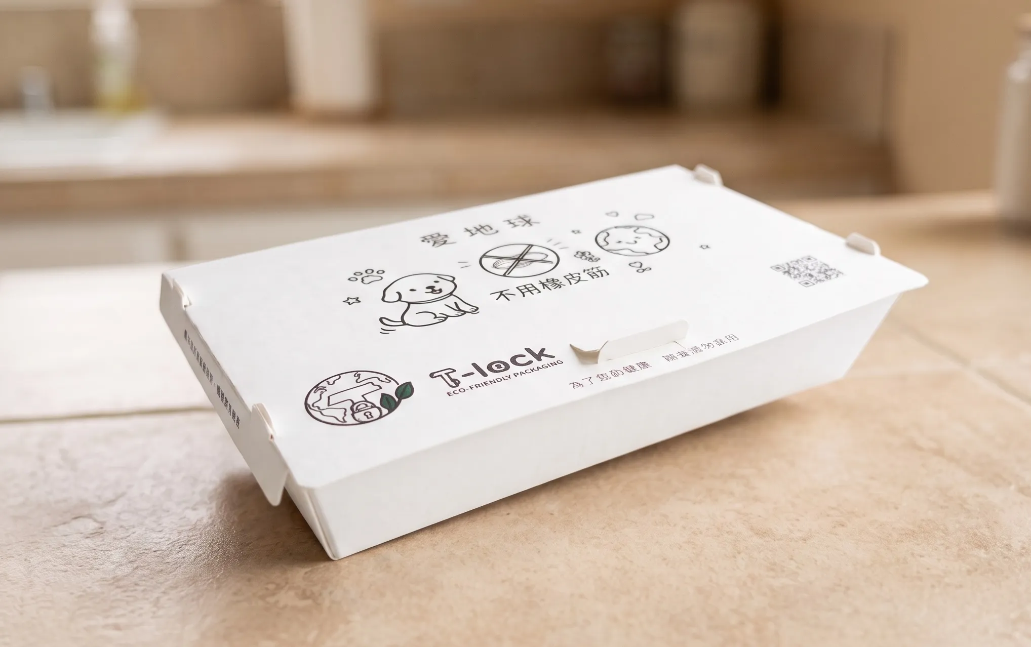 T-Lock paper food box with a built-in locking lid, shown closed on a countertop