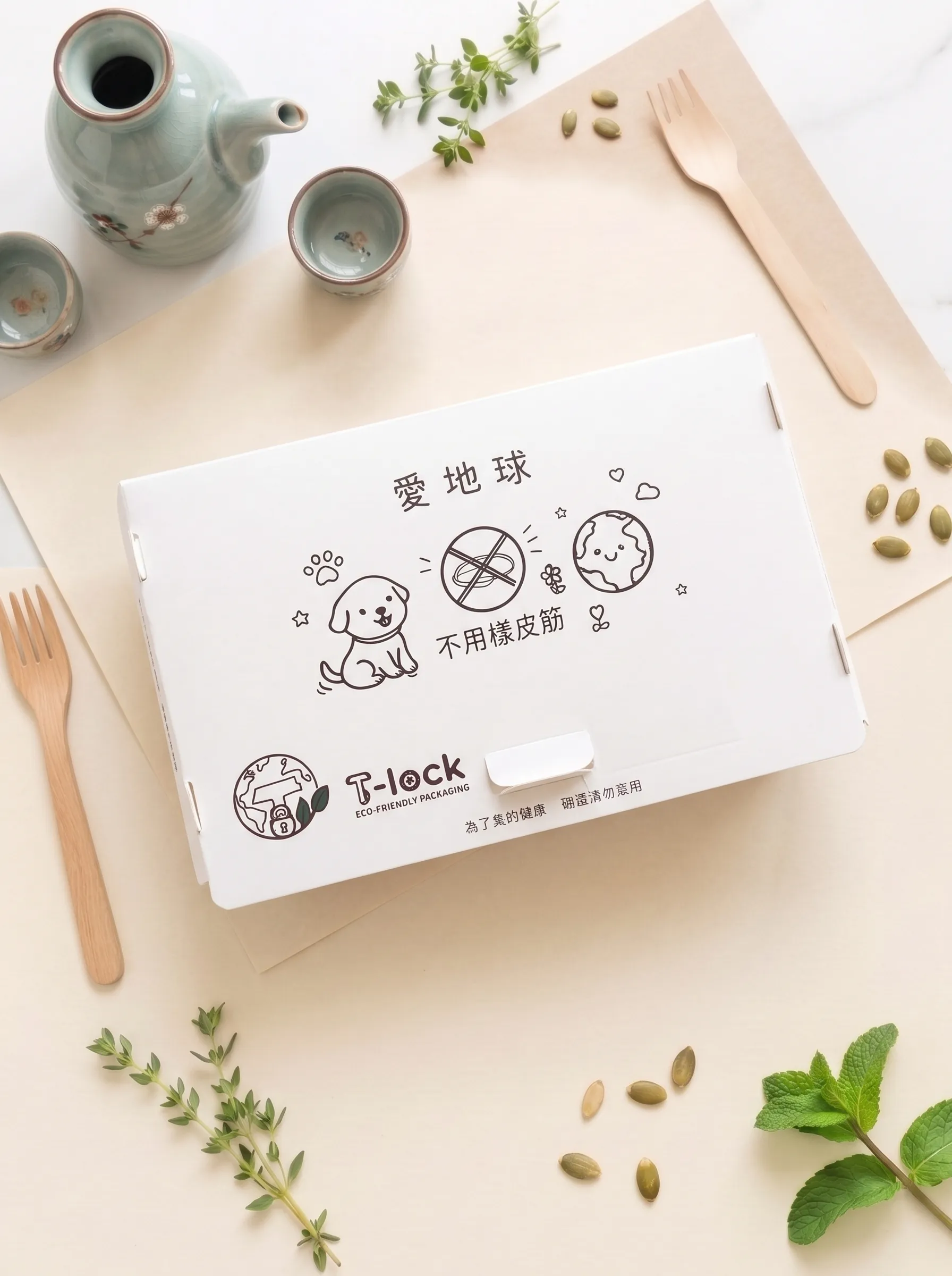 T-Lock paper food box with a built-in locking lid, shown closed on a countertop